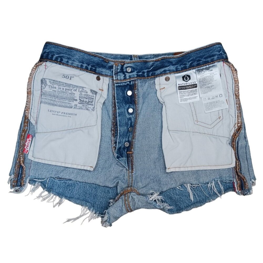LEVIS 501 Premium Sport Tape Denim Jean Shorts Cutoffs Frayed Hem Big E Sz 26 - Picture 10 of 16